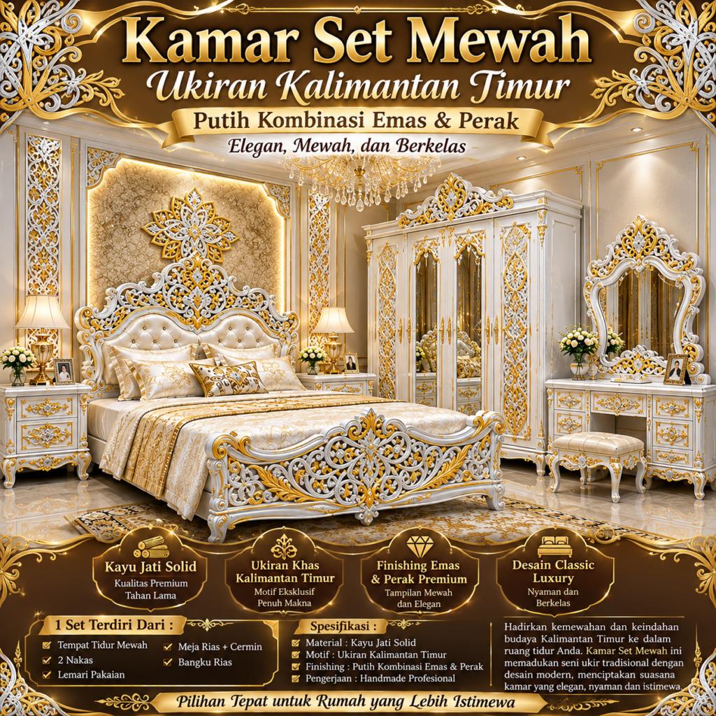 Kamar Set Mewah Ukiran Kalimantan Timur | Kayu Jati Solid Warna Putih Kombinasi Emas & Perak 756d6e97 6da6 4f70 af71 95ad0aeb6428