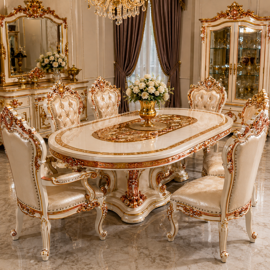 # **Luxury Gold & Copper Dining Set – Premium Handcrafted Teak Furniture from Jepara** ## **Description** Transform your dining room into a statement of luxury with our **Luxury Gold & Copper Dining Set**, expertly handcrafted by master artisans in Jepara, Indonesia. Designed with elegant center carvings and finished in a stunning combination of **gold and copper accents**, this exclusive dining set reflects timeless sophistication and world-class craftsmanship. Crafted from carefully selected premium solid teak wood, every detail is meticulously hand-carved to create an exceptional masterpiece that blends classic elegance with modern luxury. The refined finish enhances the natural beauty of the wood while ensuring long-lasting durability. Perfect for luxury homes, villas, hotels, restaurants, and high-end interior projects, this dining set can be customized to your preferred dimensions, seating capacity, carving details, and finishing colors. Each product is manufactured to export-quality standards and securely packaged for safe worldwide delivery. **Product Features** * Premium Solid Teak Wood * Elegant Center Carving Design * Luxury Gold & Copper Finish * Handcrafted by Jepara Master Craftsmen * Custom Sizes & Custom Designs * Export Quality Packaging * Worldwide Shipping Available * Durable, Elegant & Timeless Design 9b943800 3fd8 411c 865b 3ae2c477b8c4