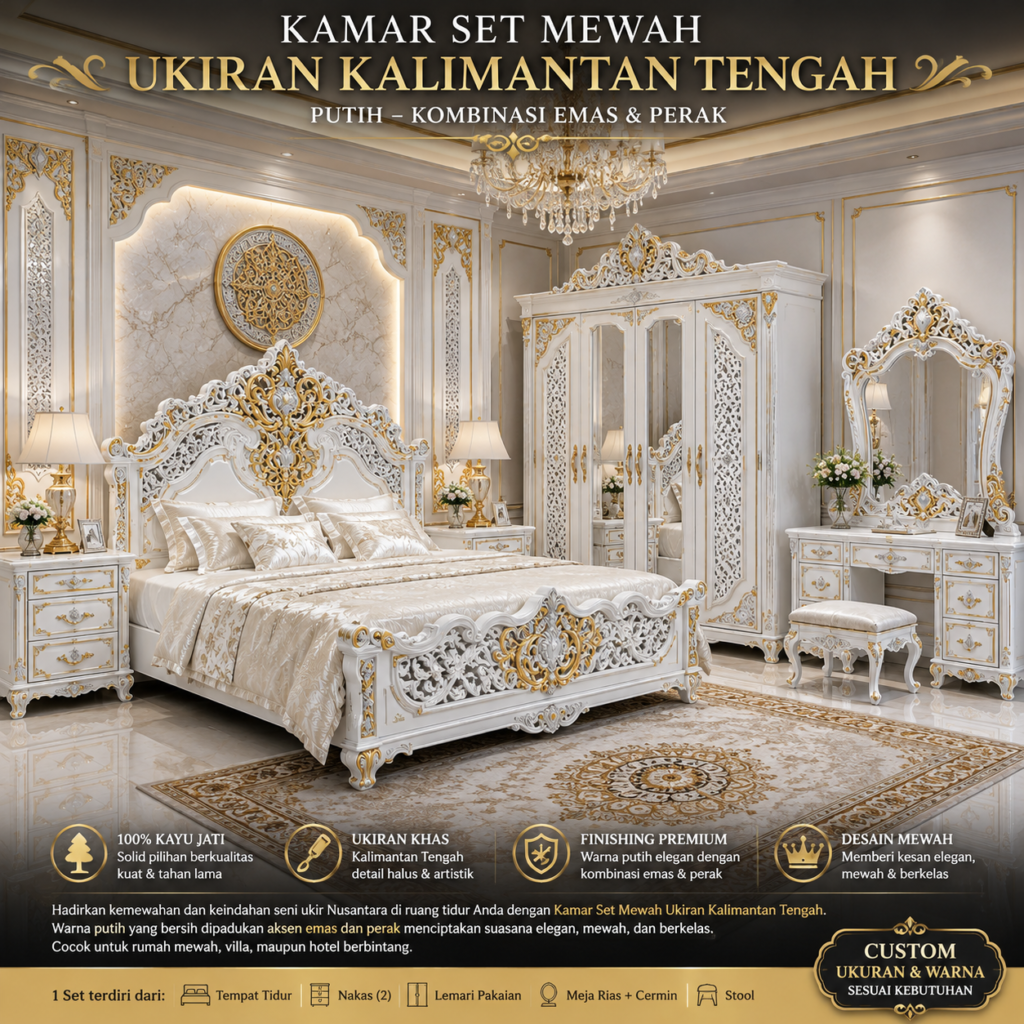 Kamar Set Mewah Ukiran Kalimantan Tengah | Kayu Jati Solid Warna Putih Kombinasi Emas & Perak b9487e99 e057 4e37 bfc5 8a34864182fe