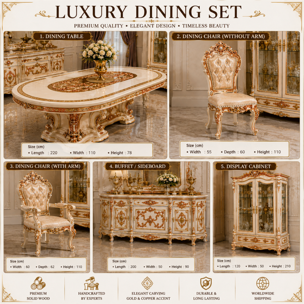 # **Luxury Gold & Copper Dining Set – Premium Handcrafted Teak Furniture from Jepara** ## **Description** Transform your dining room into a statement of luxury with our **Luxury Gold & Copper Dining Set**, expertly handcrafted by master artisans in Jepara, Indonesia. Designed with elegant center carvings and finished in a stunning combination of **gold and copper accents**, this exclusive dining set reflects timeless sophistication and world-class craftsmanship. Crafted from carefully selected premium solid teak wood, every detail is meticulously hand-carved to create an exceptional masterpiece that blends classic elegance with modern luxury. The refined finish enhances the natural beauty of the wood while ensuring long-lasting durability. Perfect for luxury homes, villas, hotels, restaurants, and high-end interior projects, this dining set can be customized to your preferred dimensions, seating capacity, carving details, and finishing colors. Each product is manufactured to export-quality standards and securely packaged for safe worldwide delivery. **Product Features** * Premium Solid Teak Wood * Elegant Center Carving Design * Luxury Gold & Copper Finish * Handcrafted by Jepara Master Craftsmen * Custom Sizes & Custom Designs * Export Quality Packaging * Worldwide Shipping Available * Durable, Elegant & Timeless Design bb9d88de faba 48e0 89c6 3c0c7348c86c