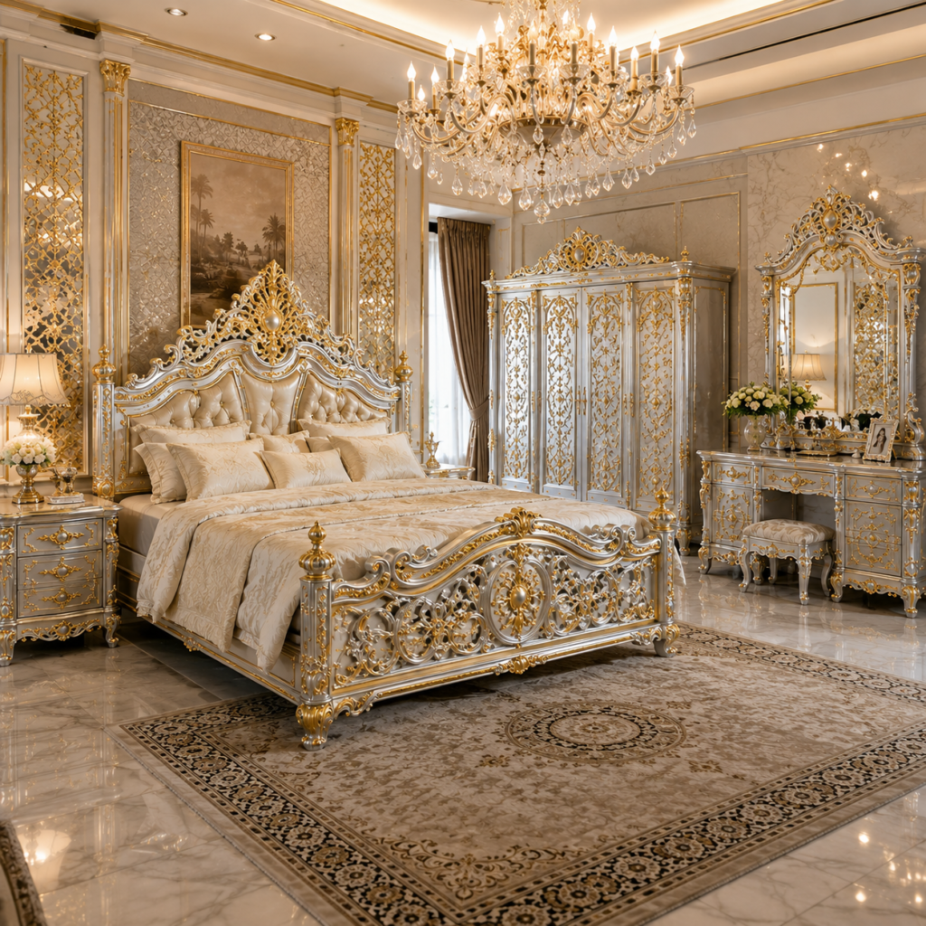 Palu Carved Luxury Bedroom Set – Gold & Silver Premium Solid Teak Furniture c9b75bbf 468f 455f b664 e617cd0976da