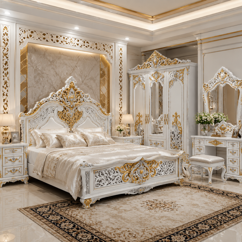 Kamar Set Mewah Ukiran Kalimantan Tengah | Kayu Jati Solid Warna Putih Kombinasi Emas & Perak eabac1d9 c8e3 4ca8 b123 ee79fb60d168