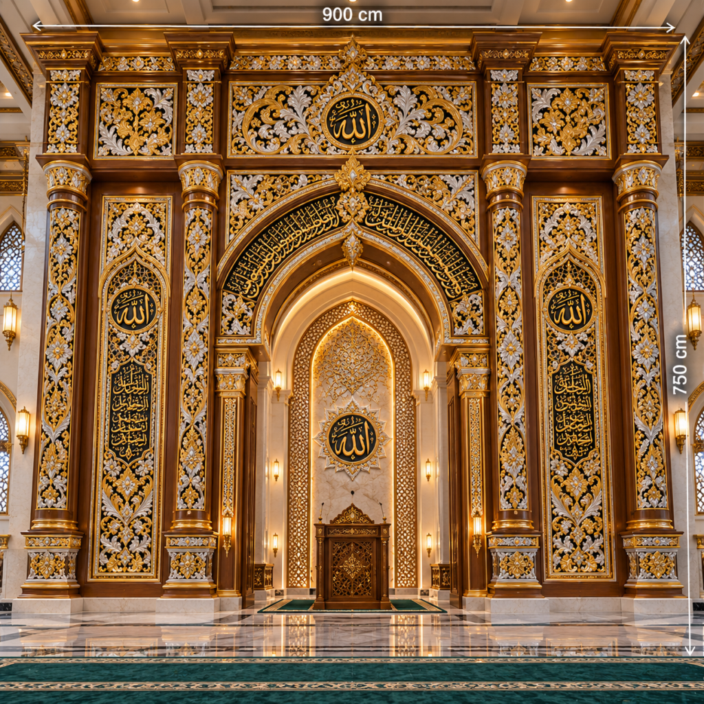 Mihrab Masjid Mewah Ukiran Kaligrafi Arab & Kalimantan Selatan – Pilar Kayu Emas Perak | 900 × 750 cm 39a1a6ef c462 412a 8e82 4d4ba068f6d2