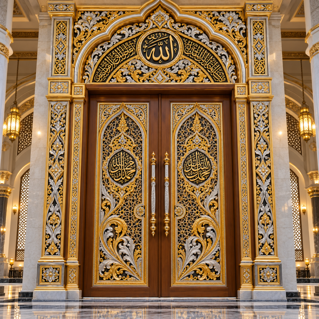 Pintu Utama Masjid Mewah Ukiran Kaligrafi Arab & Kalimantan Selatan – Emas & Perak | 200 × 370 cm 9a482381 0688 4cd6 968b 998c4100a242